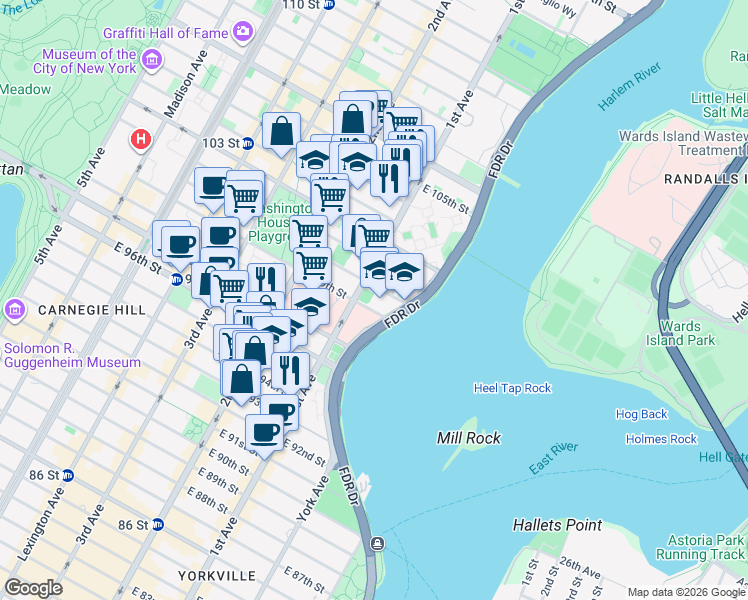 map of restaurants, bars, coffee shops, grocery stores, and more near 410 East 100th Street in New York