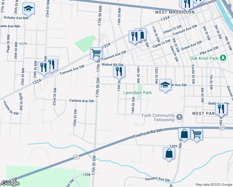 map of restaurants, bars, coffee shops, grocery stores, and more near 1003 15th Street Southwest in Massillon