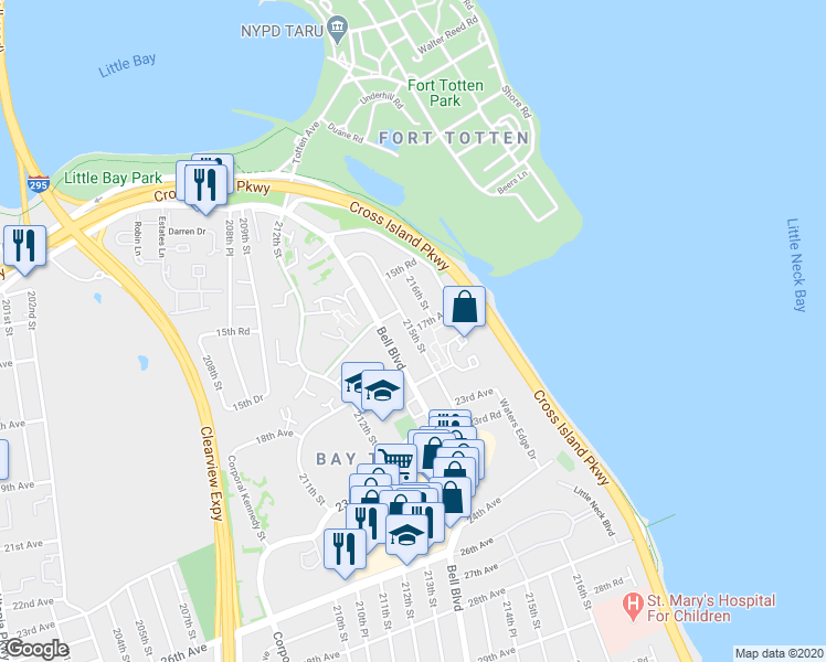 map of restaurants, bars, coffee shops, grocery stores, and more near 17-04 215th Street in Queens