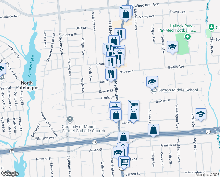 map of restaurants, bars, coffee shops, grocery stores, and more near 15 Everett Street in Patchogue