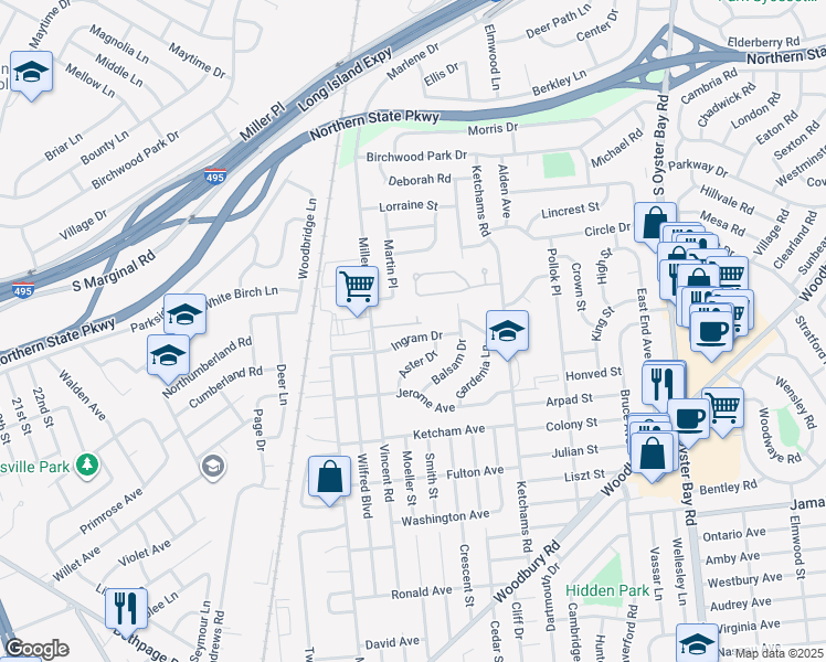 map of restaurants, bars, coffee shops, grocery stores, and more near 14 Ingram Drive in Hicksville