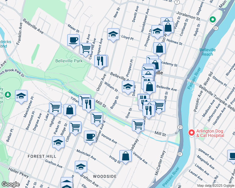 map of restaurants, bars, coffee shops, grocery stores, and more near 155 William Street in Belleville