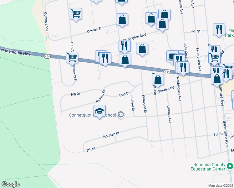 map of restaurants, bars, coffee shops, grocery stores, and more near 51 Aron Drive in Bohemia