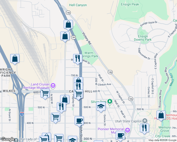 map of restaurants, bars, coffee shops, grocery stores, and more near 253 Fern Avenue North in Salt Lake City