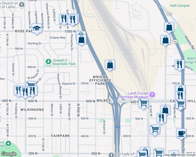 map of restaurants, bars, coffee shops, grocery stores, and more near 728 North 8th West in Salt Lake City