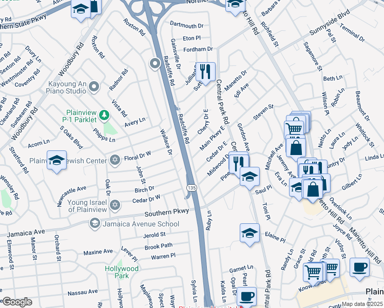 map of restaurants, bars, coffee shops, grocery stores, and more near 91 Main Parkway East in Plainview