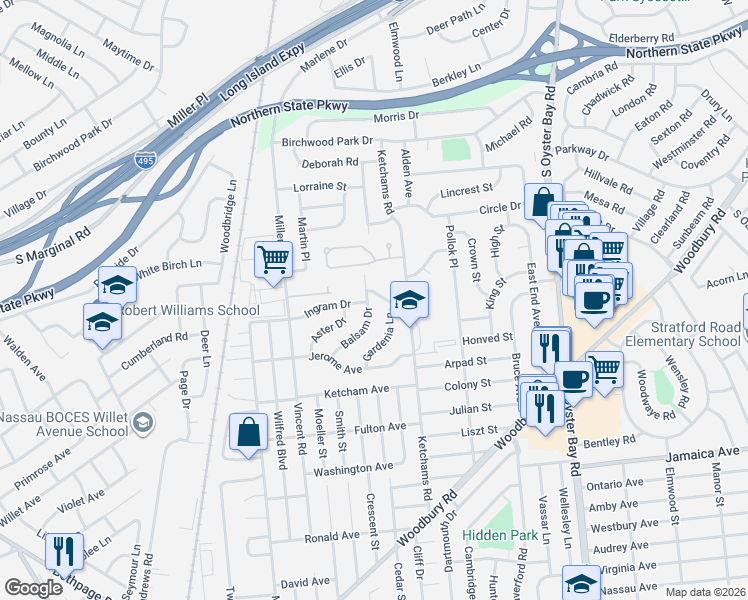 map of restaurants, bars, coffee shops, grocery stores, and more near 25 Ingram Drive in Hicksville