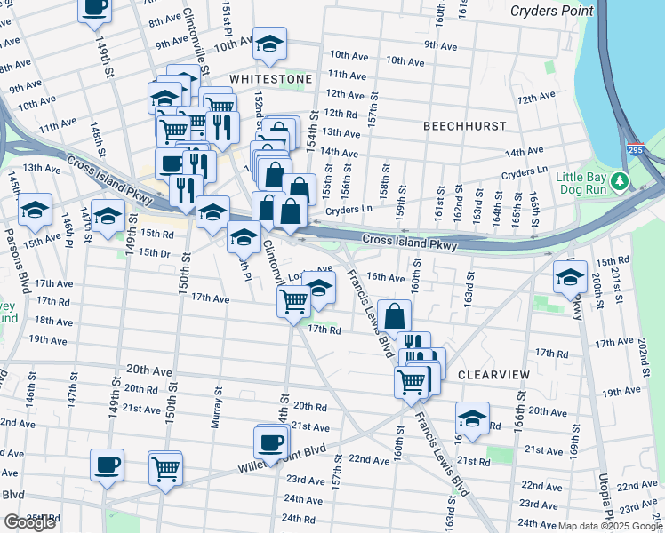 map of restaurants, bars, coffee shops, grocery stores, and more near 1606 Francis Lewis Boulevard in Queens