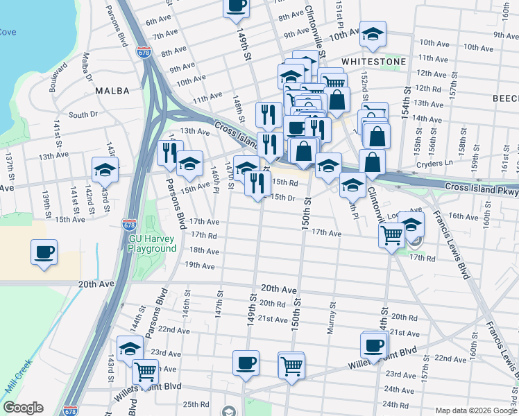 map of restaurants, bars, coffee shops, grocery stores, and more near 15-72 149th Street in Queens