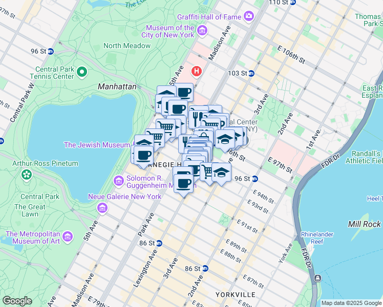 map of restaurants, bars, coffee shops, grocery stores, and more near 131 East 93rd Street in New York