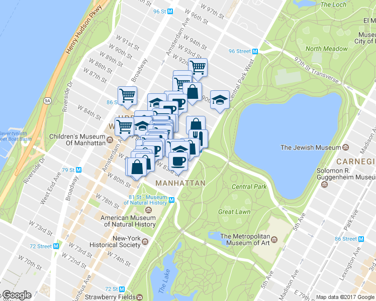 map of restaurants, bars, coffee shops, grocery stores, and more near 32 West 85th Street in New York
