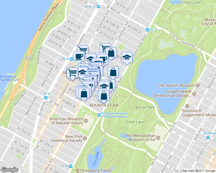 map of restaurants, bars, coffee shops, grocery stores, and more near 32 West 85th Street in New York