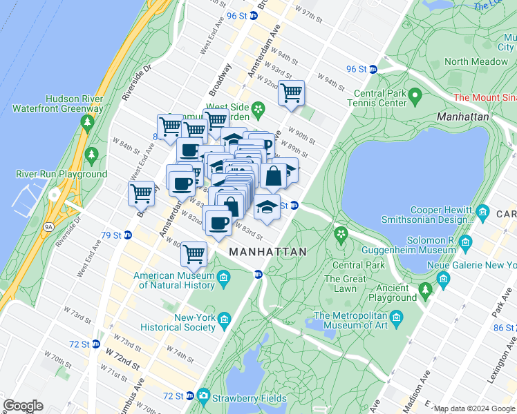 map of restaurants, bars, coffee shops, grocery stores, and more near in New York