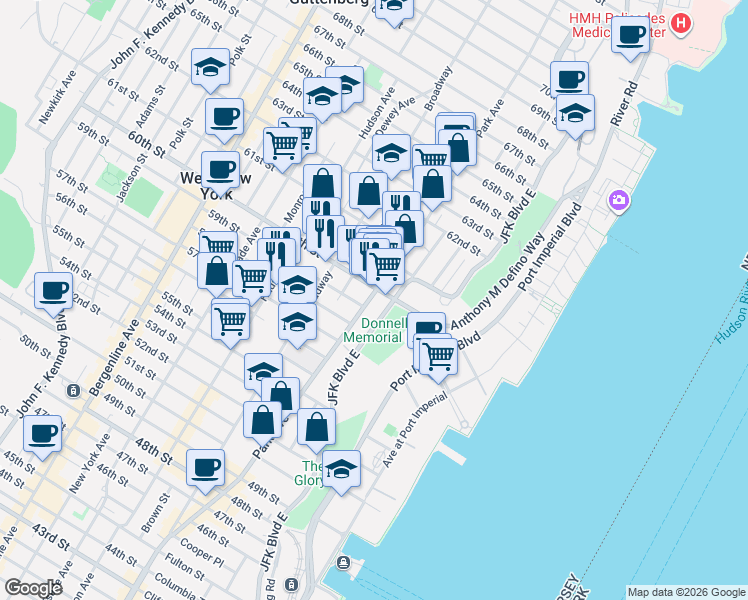 map of restaurants, bars, coffee shops, grocery stores, and more near 100 59th Street in West New York