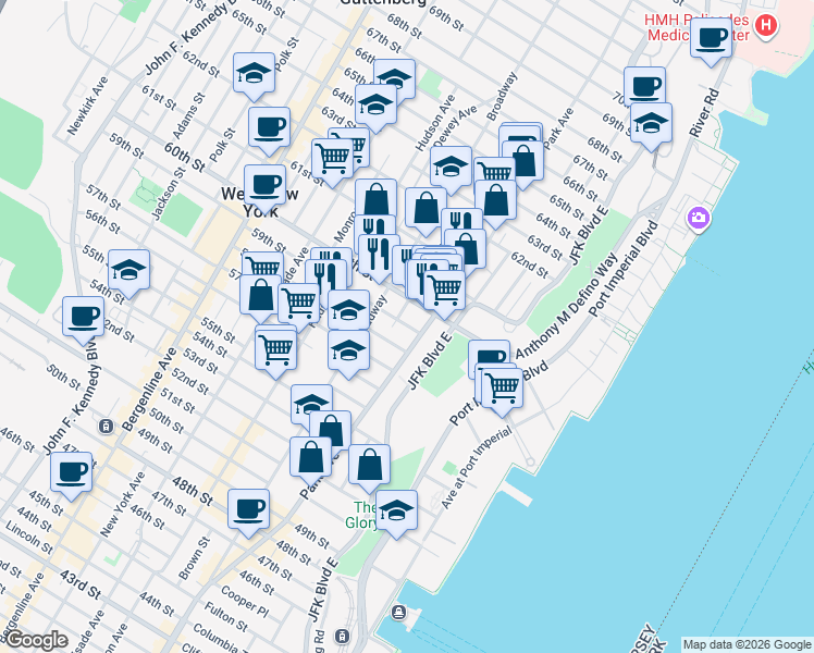 map of restaurants, bars, coffee shops, grocery stores, and more near 100 59th Street in West New York