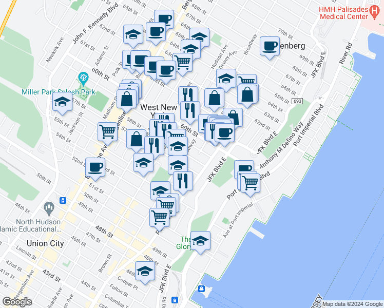 map of restaurants, bars, coffee shops, grocery stores, and more near 126 58th Street in West New York