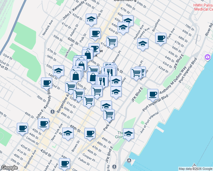 map of restaurants, bars, coffee shops, grocery stores, and more near 5607 Hudson Avenue in West New York