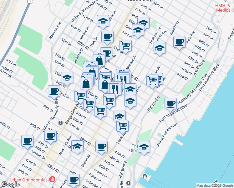 map of restaurants, bars, coffee shops, grocery stores, and more near 5607 Hudson Avenue in West New York