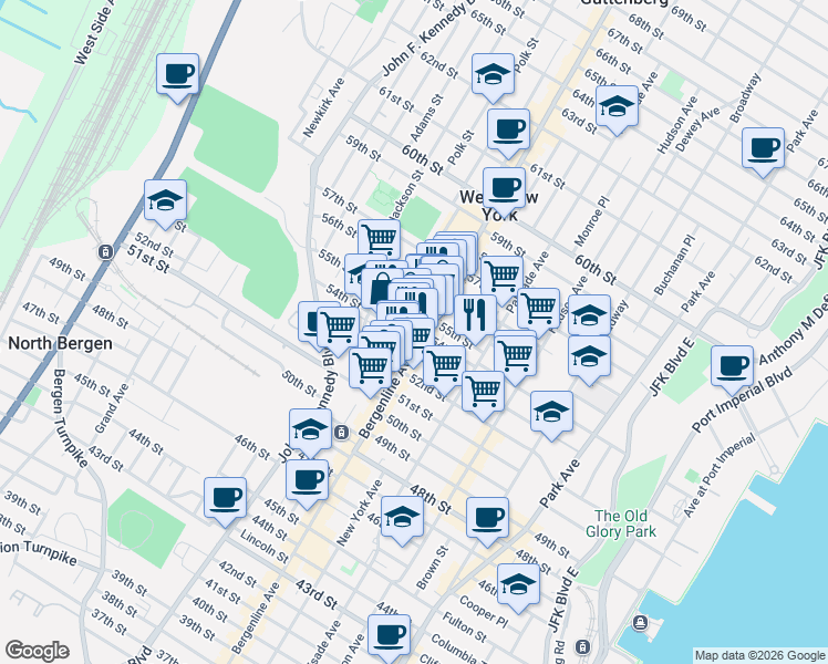 map of restaurants, bars, coffee shops, grocery stores, and more near in West New York