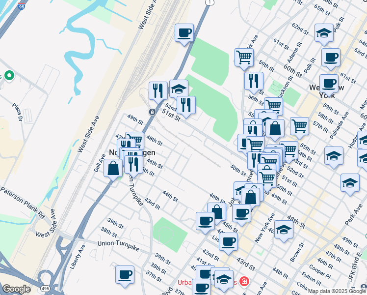 map of restaurants, bars, coffee shops, grocery stores, and more near 4813 Meadowview Avenue in North Bergen
