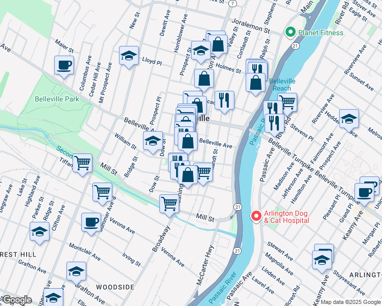 map of restaurants, bars, coffee shops, grocery stores, and more near 16 Greenwich Street in Belleville