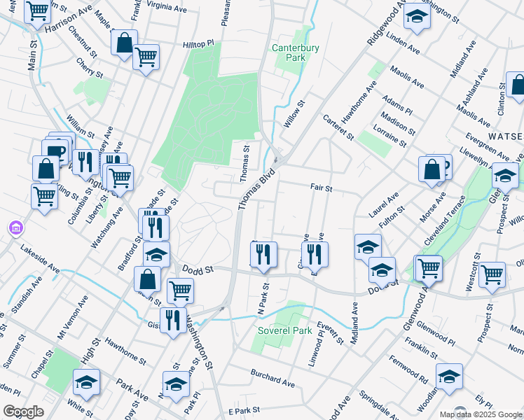 map of restaurants, bars, coffee shops, grocery stores, and more near 255 North Park Street in East Orange