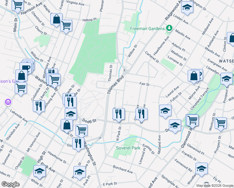 map of restaurants, bars, coffee shops, grocery stores, and more near 255 North Park Street in East Orange