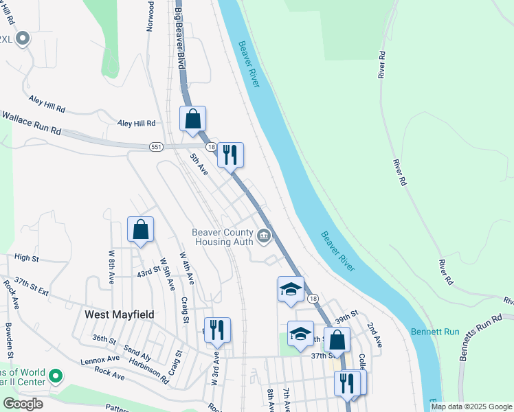 map of restaurants, bars, coffee shops, grocery stores, and more near 4436 Pennsylvania 18 in Beaver Falls