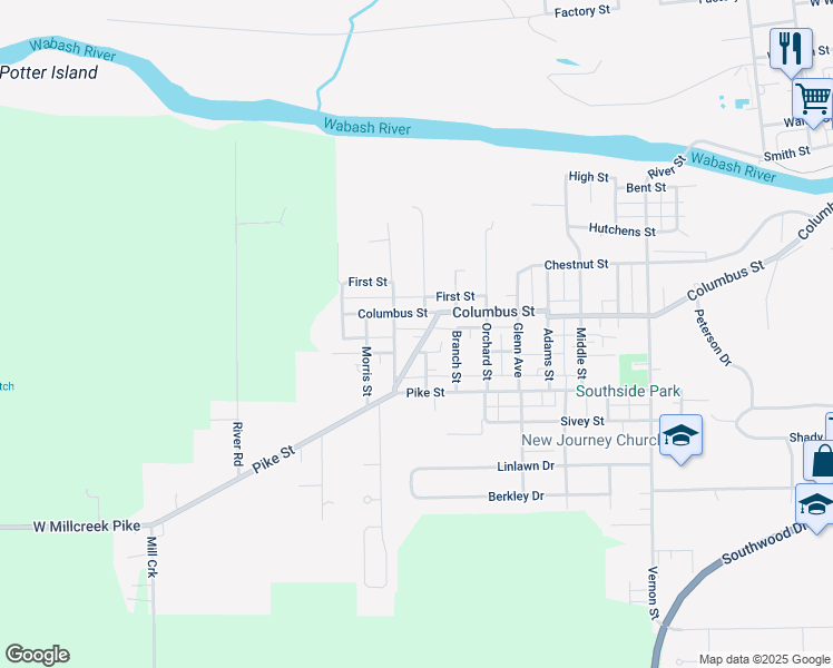map of restaurants, bars, coffee shops, grocery stores, and more near 1463-1499 Webster Street in Wabash