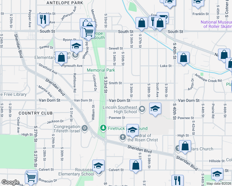 map of restaurants, bars, coffee shops, grocery stores, and more near 2761 South 34th Street in Lincoln
