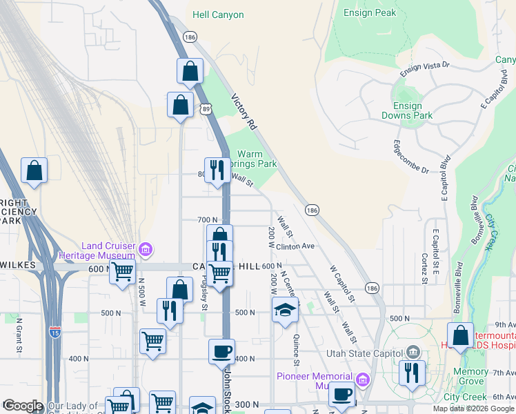 map of restaurants, bars, coffee shops, grocery stores, and more near 222 Fern Avenue North in Salt Lake City