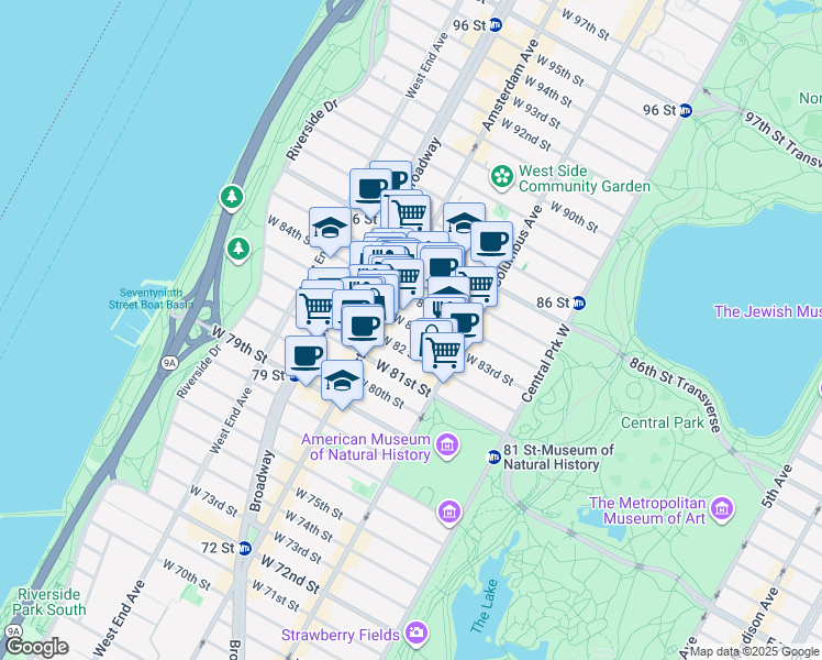map of restaurants, bars, coffee shops, grocery stores, and more near 146 West 83rd Street in New York