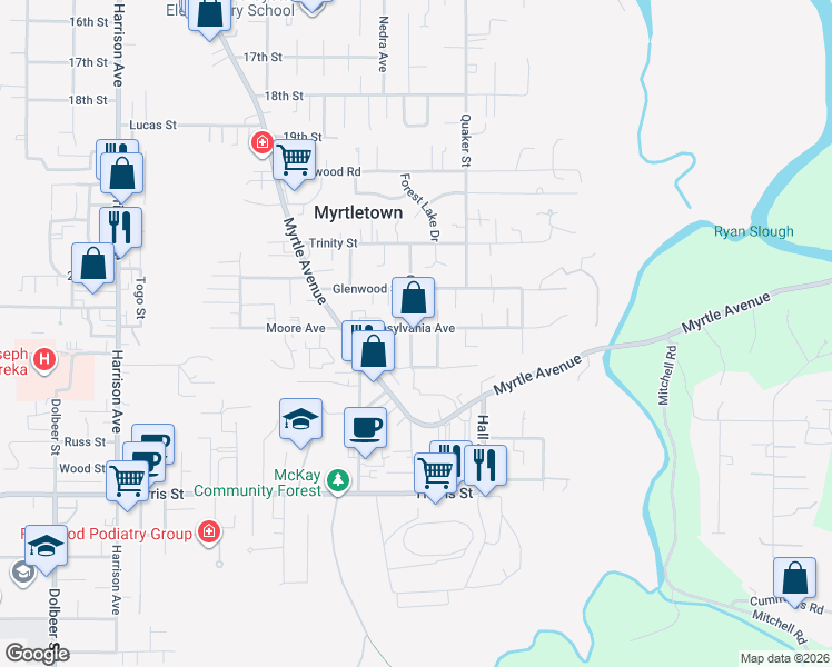 map of restaurants, bars, coffee shops, grocery stores, and more near 3628 Pennsylvania Avenue in Eureka