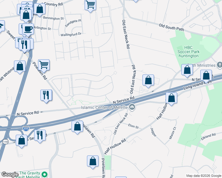 map of restaurants, bars, coffee shops, grocery stores, and more near 159 Rivendell Court in Melville