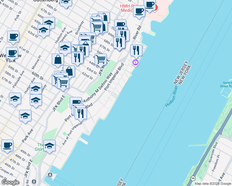 map of restaurants, bars, coffee shops, grocery stores, and more near 404 Newburgh Court in West New York