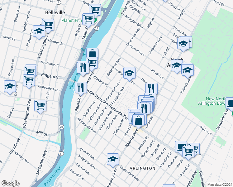 map of restaurants, bars, coffee shops, grocery stores, and more near 30 Fairmount Avenue in North Arlington
