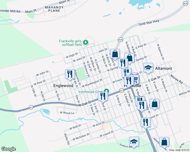 map of restaurants, bars, coffee shops, grocery stores, and more near 321 West Washington Street in Frackville