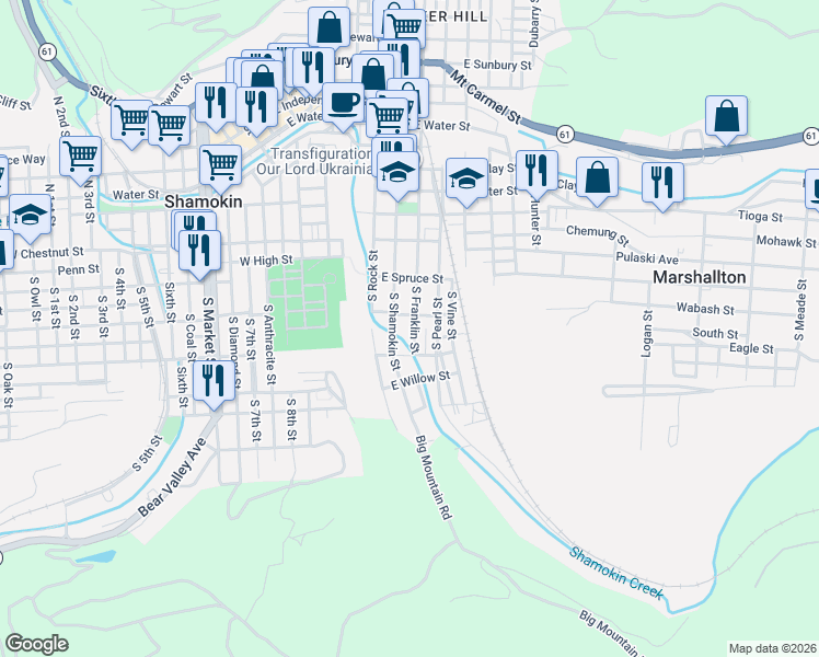 map of restaurants, bars, coffee shops, grocery stores, and more near 201-235 South Shamokin Street in Shamokin