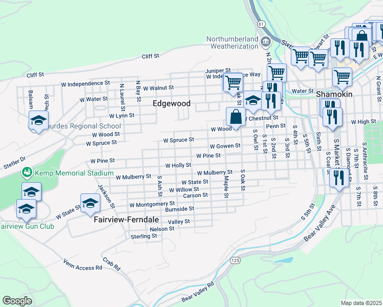 map of restaurants, bars, coffee shops, grocery stores, and more near 1100-1198 West Pine Street in Fairview-Ferndale