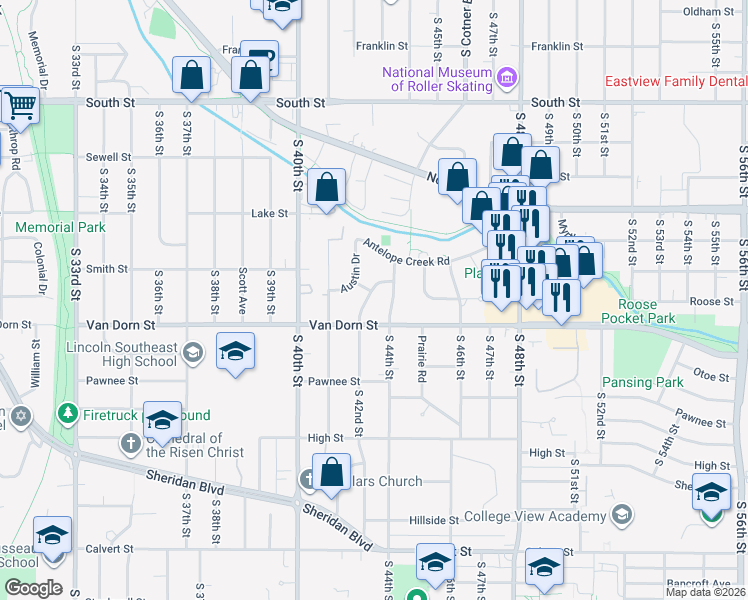 map of restaurants, bars, coffee shops, grocery stores, and more near 2724 Anderson Drive in Lincoln