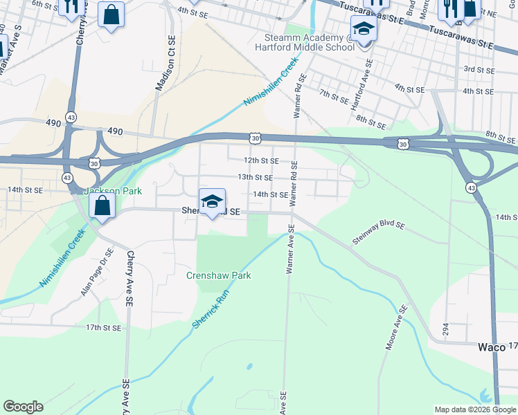 map of restaurants, bars, coffee shops, grocery stores, and more near 1517 Sherrick Road Southeast in Canton