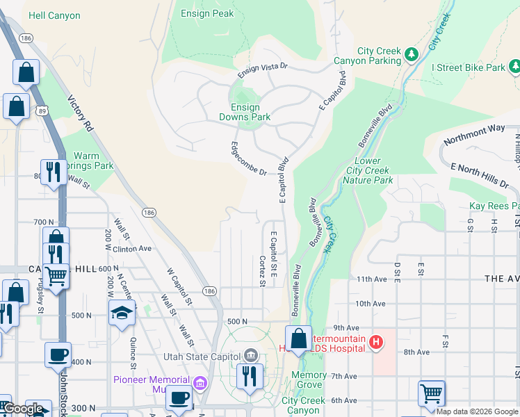 map of restaurants, bars, coffee shops, grocery stores, and more near 73 Columbus Court North in Salt Lake City