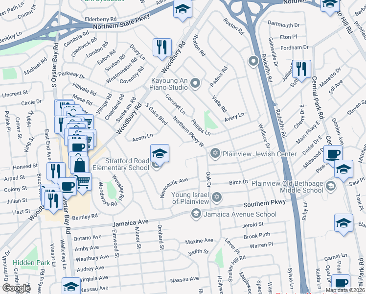 map of restaurants, bars, coffee shops, grocery stores, and more near 9 Wood Lane in Plainview