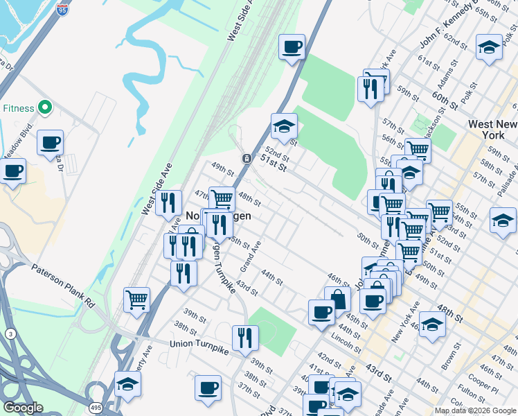 map of restaurants, bars, coffee shops, grocery stores, and more near 1520 47th Street in North Bergen