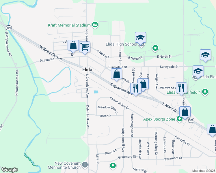 map of restaurants, bars, coffee shops, grocery stores, and more near 210 East Kiracofe Avenue in Elida