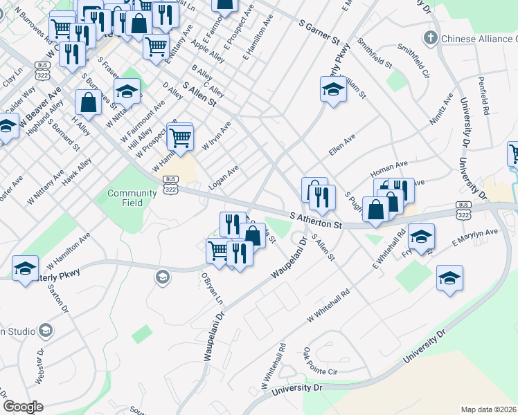 map of restaurants, bars, coffee shops, grocery stores, and more near South Atherton Street in State College