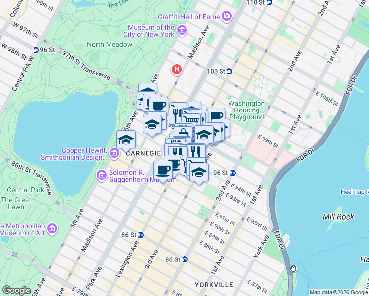 map of restaurants, bars, coffee shops, grocery stores, and more near 140 East 95th Street in New York