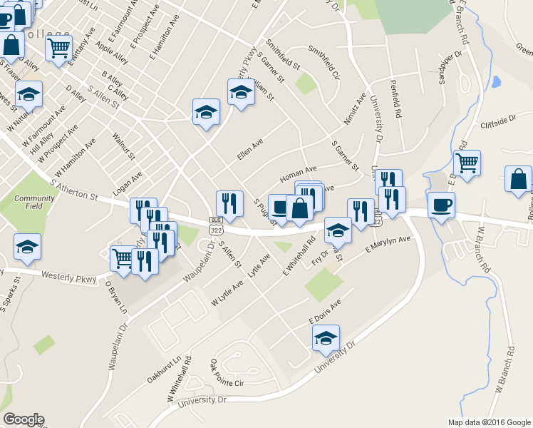 map of restaurants, bars, coffee shops, grocery stores, and more near 1426 South Pugh Street in State College