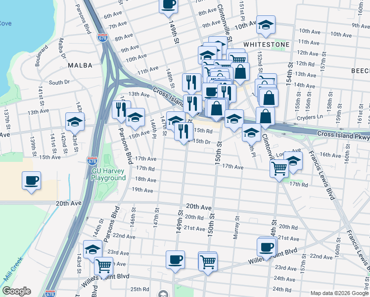 map of restaurants, bars, coffee shops, grocery stores, and more near in Queens