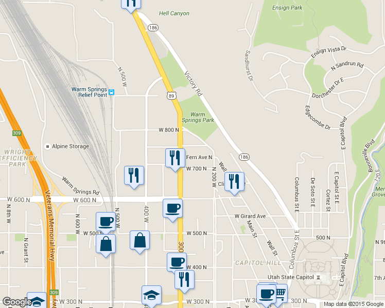 map of restaurants, bars, coffee shops, grocery stores, and more near 254 Fern Avenue in Salt Lake City